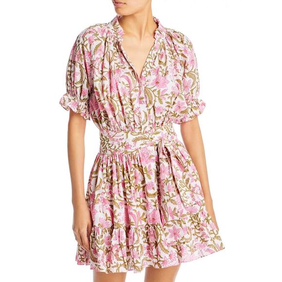 Charina Sarte Spade Floral Pink Block Print Cotton Ruffle Mini Dress Tuckernuck - Picture 2 of 10